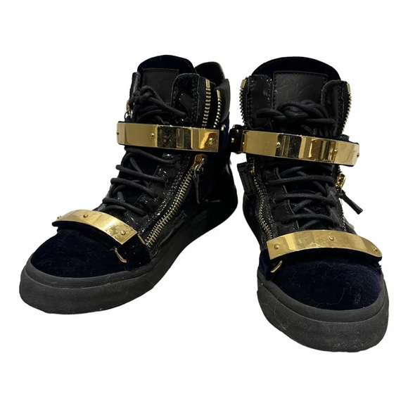Giuseppe Zanotti Navy Velvet and Gold Sneakers - Picture 4 of 7
